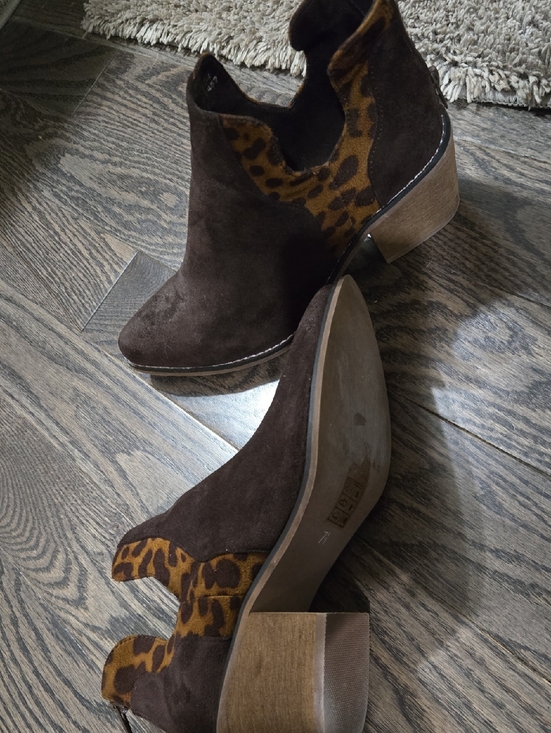 Shoes - Dark Brown Suede Ankle Booties with Leopard Accent